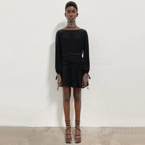 NWT Zara black textured sequin & semi-sheer frayed mini skirt, M